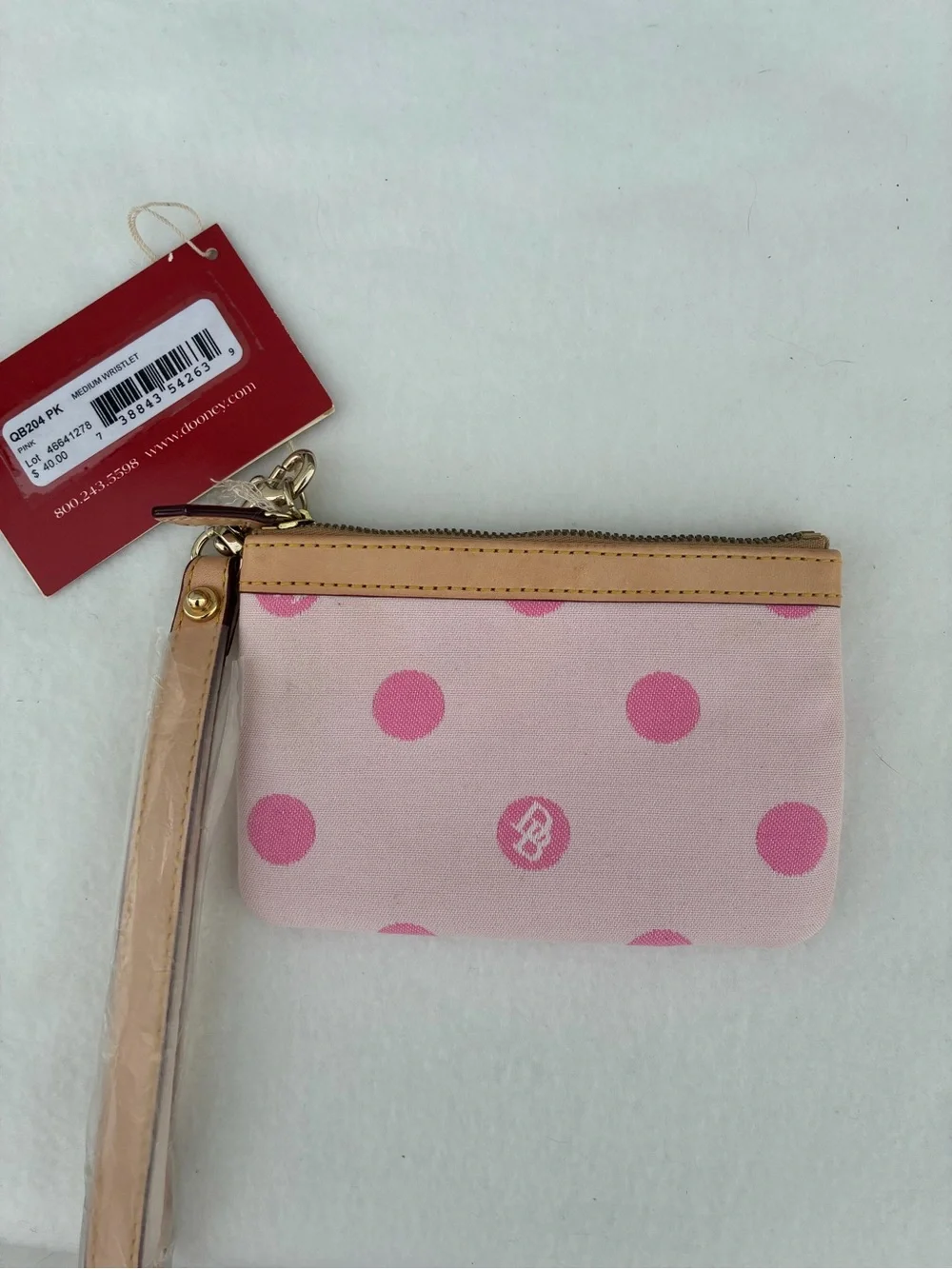 Dooney & Bourke Pink and Tan Polka Dot Zip Pouch Wristlet - Picture 1 of 5
